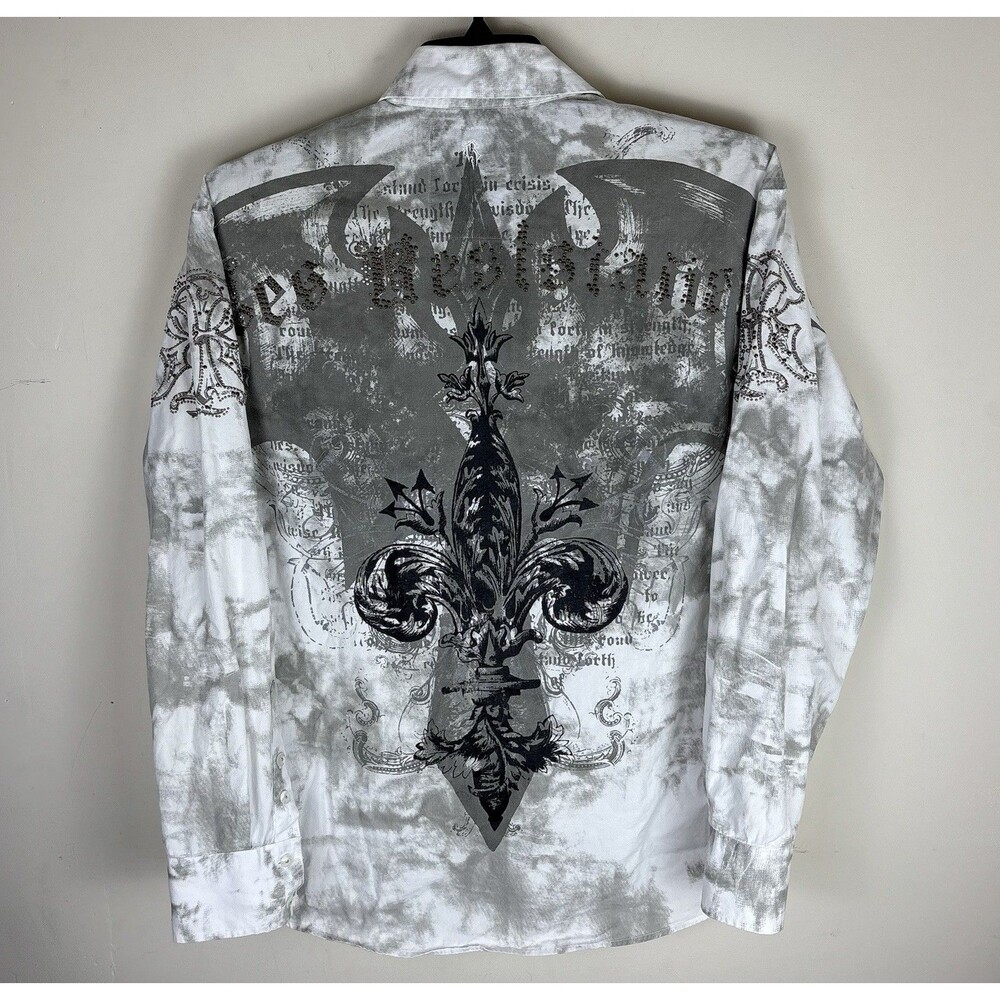 Y2K ROAR Big Graphic Button Up Shirt / White / Rhinestones / Size Large /